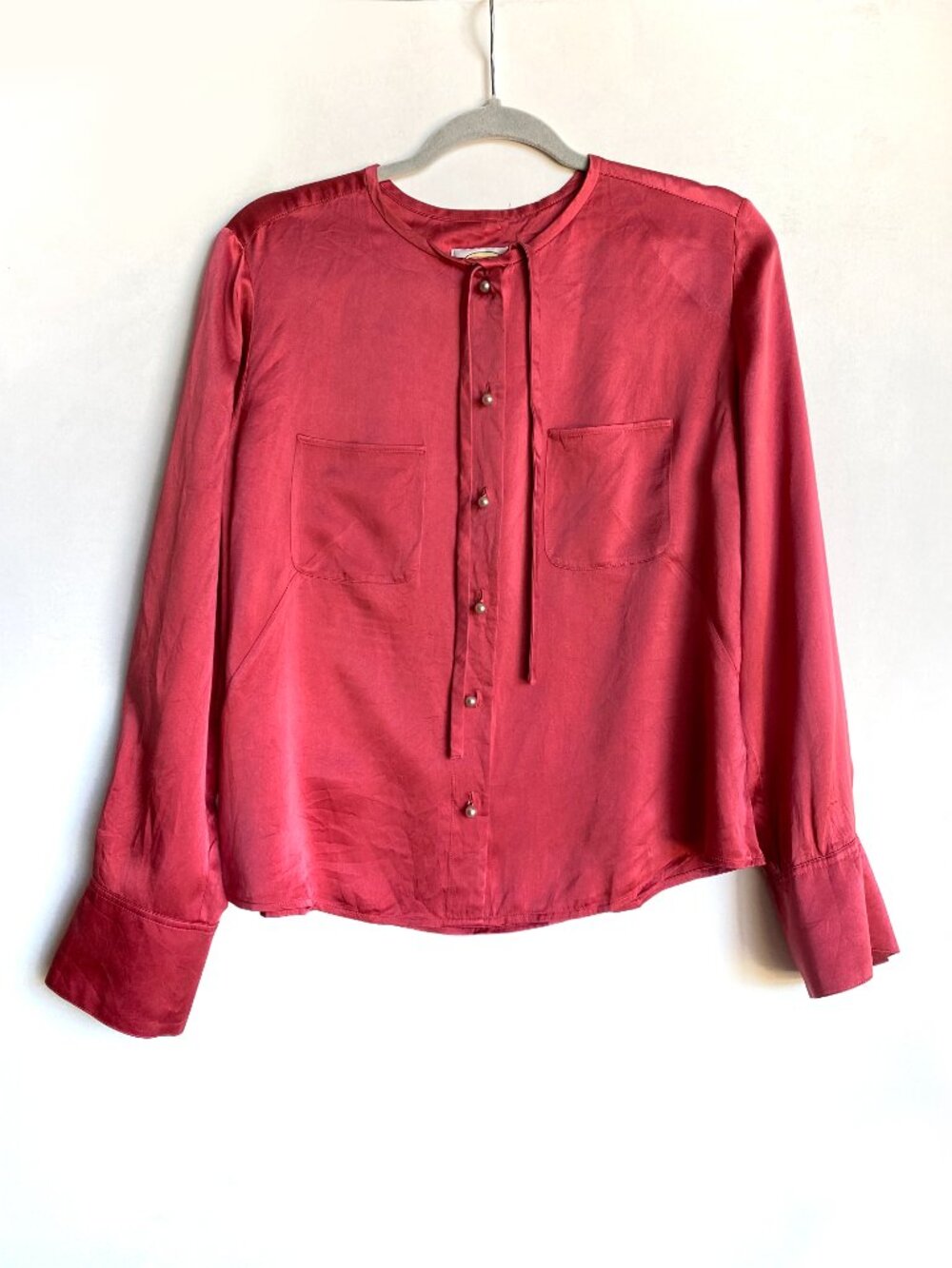 Talbots Cranberry Red 100% Silk Blouse Faux Pearl Button Long Sleeve Size 12